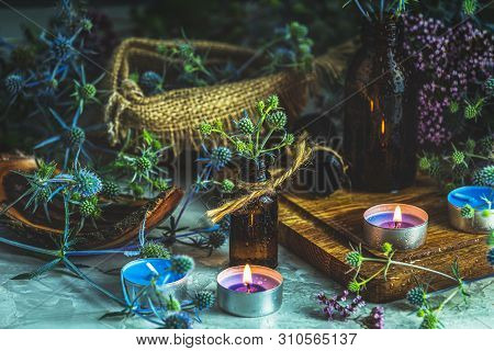 Old Pharmacy, Esoteric Or Alchemic Concept With Blue Eryngo
