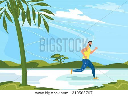 Sportsman Runs In Countryside Landscape. Rural Landscape With Green Hills And Blue Sky. Beautiful Su