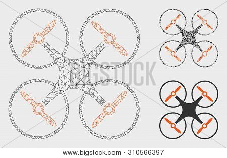 Mesh Nanocopter Model With Triangle Mosaic Icon. Wire Carcass Triangular Mesh Of Nanocopter. Vector 