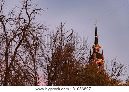 Gothic Orthodox Cathedral. Neo-gothic Orthodox Church With Masonic Symbols. Church Spire Against The