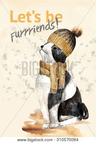 Watercolor Card With Cat In Hat And Scarf. Lets Be Furriends Text.