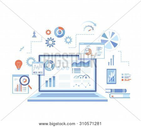 Analytics Concept, Analysis, Analyzing, Data Processing, Success Strategy. Laptop With Graphs And Ch