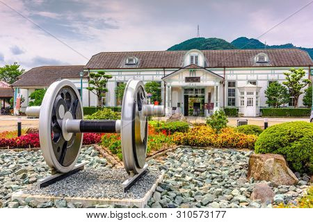 HAGI, JAPAN - AUGUST 27, 2015: Historic Hagi Station exterior. The station dates from 1925.