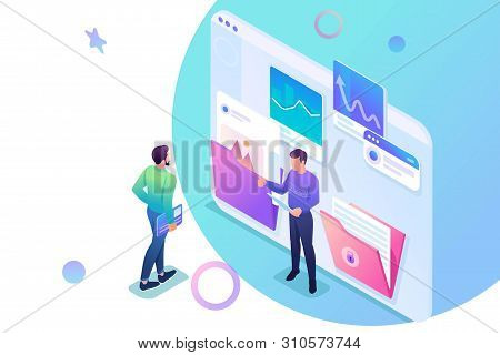 Isometric Collecting And Sending Data For The Report, Young Entrepreneurs Discuss The Data On The Sc
