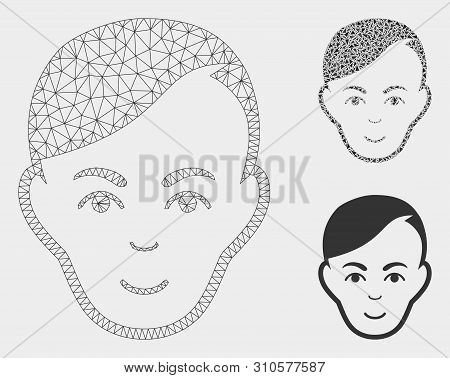 Mesh Human Head Model With Triangle Mosaic Icon. Wire Carcass Polygonal Network Of Human Head. Vecto