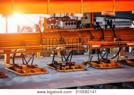 Overhead Crane With Vacuum Handling Grippers, Close Up.