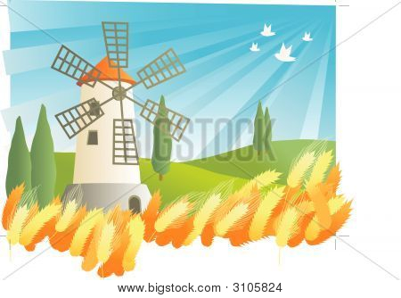 Landscape Illustration Of A Windmill