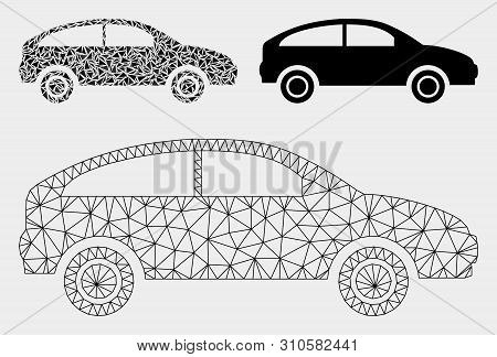 Mesh Hatchback Model With Triangle Mosaic Icon. Wire Frame Triangular Network Of Hatchback. Vector M