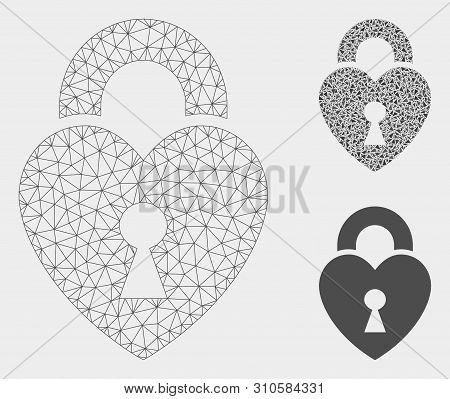 Mesh Heart Lock Model With Triangle Mosaic Icon. Wire Frame Triangular Mesh Of Heart Lock. Vector Mo