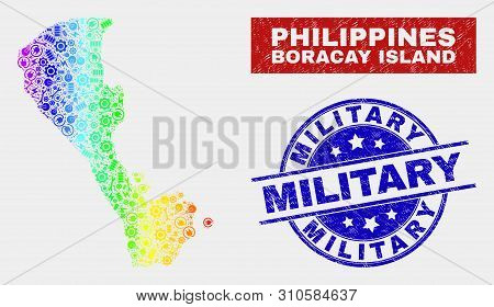 Industrial Boracay Island Map And Blue Military Scratched Seal. Spectrum Gradiented Vector Boracay I