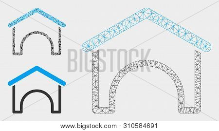 Mesh Hangar Model With Triangle Mosaic Icon. Wire Carcass Triangular Mesh Of Hangar. Vector Composit