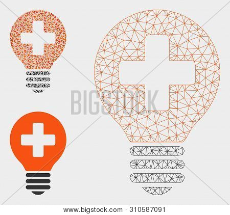 Mesh Healh Care Bulb Model With Triangle Mosaic Icon. Wire Frame Triangular Mesh Of Healh Care Bulb.