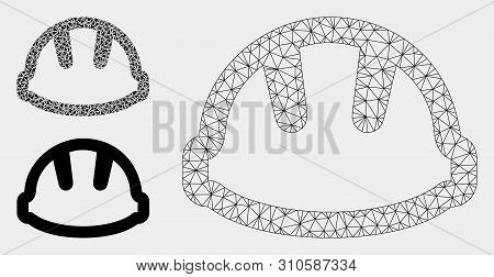 Mesh Hardhat Model With Triangle Mosaic Icon. Wire Carcass Polygonal Mesh Of Hardhat. Vector Mosaic 