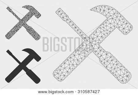 Mesh Hammer And Screwdriver Tools Model With Triangle Mosaic Icon. Wire Frame Triangular Mesh Of Ham