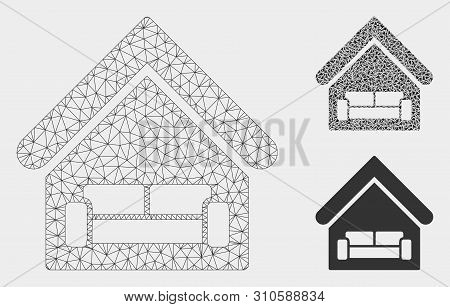 Mesh House Interrior Model With Triangle Mosaic Icon. Wire Carcass Polygonal Mesh Of House Interrior