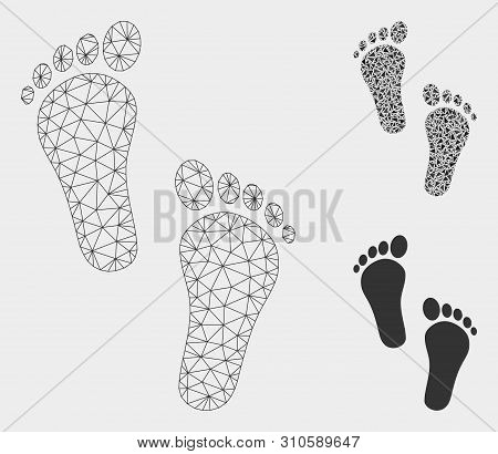Mesh Human Steps Model With Triangle Mosaic Icon. Wire Frame Polygonal Mesh Of Human Steps. Vector C