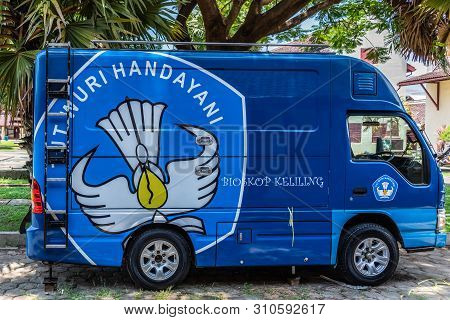 Makassar, Sulawesi, Indonesia - February 28, 2019: Fort Rotterdam. Blue Van Of Business That Organiz