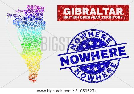 Assembly Gibraltar Map And Blue Nowhere Scratched Stamp. Rainbow Colored Gradient Vector Gibraltar M