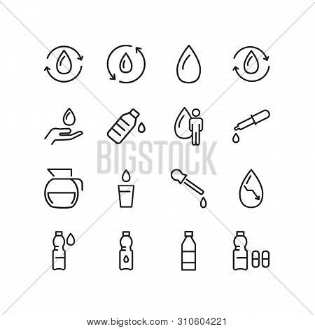 Water Line Icons. Set Of Line Icons. Bottle Of Water, Dehydration, Glass Of Water, Jug. Fluid Concep
