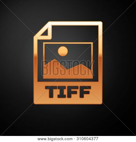Gold Tiff File Document Icon. Download Tiff Button Icon Isolated On Black Background. Tiff File Symb