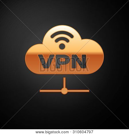Gold Vpn Network Cloud Connection Icon Isolated On Black Background. Social Technology. Cloud Comput