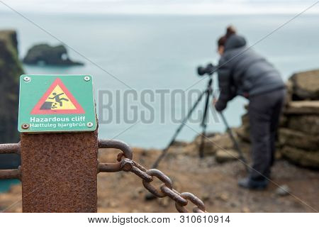 Hazardous Cliff Sign In Iceland