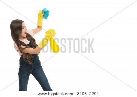 Mist Sprayer Helpful For Wiping Dust. Girl Yellow Rubber Protective Gloves Ready For Cleaning Copy S