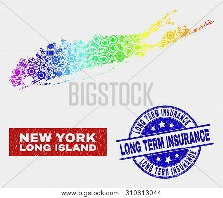 Component Long Island Map And Blue Long Term Insurance Grunge Seal. Spectral Gradiented Vector Long 