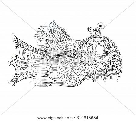 Fantastic Fish Drawn With Black Liner On White Paper. Line Drawing.