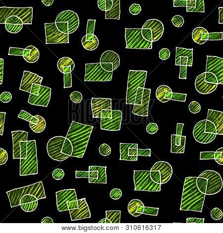 Black Background With Green Geometric Objects. Seamless Drawing With Pencils. Shaded Elements.