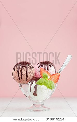 Delicious Classic Different Color Ice Cream Scoops In  Bowl With Mint, Spoon, Chocolate Sauce, Straw