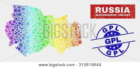 Assemble Novosibirsk Region Map And Blue Gpl Distress Stamp. Colorful Gradient Vector Novosibirsk Re