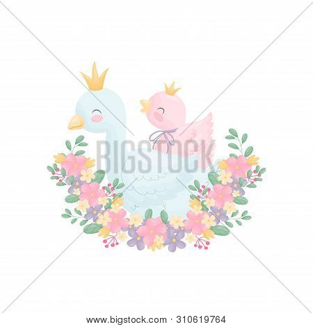 Cute Goose And Gosling. Vector Illustration On White Background.