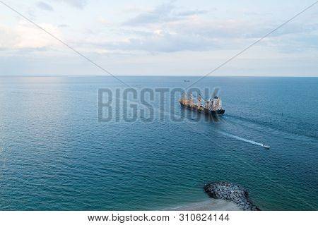 Cargo Ship In Sea. Export And Import Concept. Barge Ship Cargo Containers In Sea. Cargo Delivery. Lo