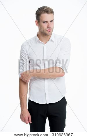 White Collar Worker. Man Well Groomed Formal Elegant Shirt White Background. Guy Handsome Office Wor