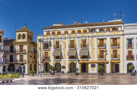 Ecija, Spain - May 13, 2019: Historic Buildings At The Plaza De Espana Square In Ecija, Spain