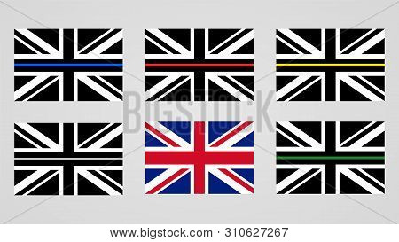Union Jack Flag Of The United Kingdom And Thin Line Flags.