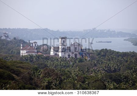 Aerial Panoramic View Old Goa. Mandovi River And Ancient Churche