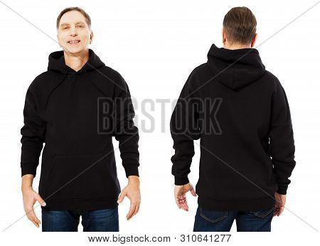 Happy Man In Template Mens Black Hoodie Sweatshirt Isolated On White Background. Man In Blank Black 