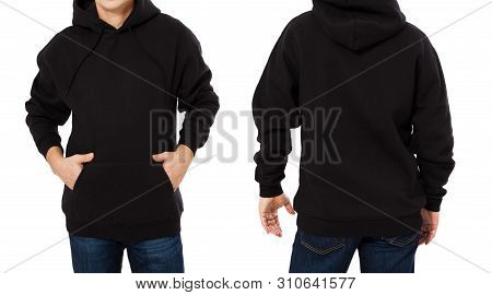 Middle Age Man In Black Sweatshirt Template Isolated. Male Sweatshirts Set With Mockup And Copy Spac