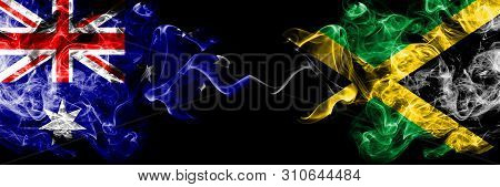 Australia Vs Jamaica, Jamaican Smoky Mystic Flags Placed Side By Side. Thick Colored Silky Smokes Co