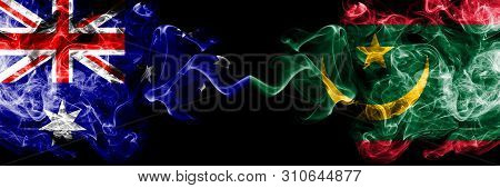 Australia Vs Mauritania, Mauritanian Smoky Mystic Flags Placed Side By Side. Thick Colored Silky Smo