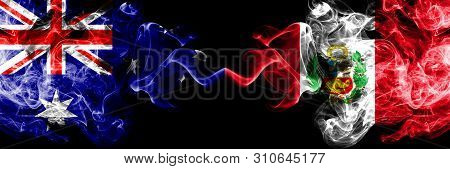 Australia Vs Peru, Peruan Smoky Mystic Flags Placed Side By Side. Thick Colored Silky Smokes Combina