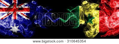 Australia Vs Senegal, Senegalese Smoky Mystic Flags Placed Side By Side. Thick Colored Silky Smokes 