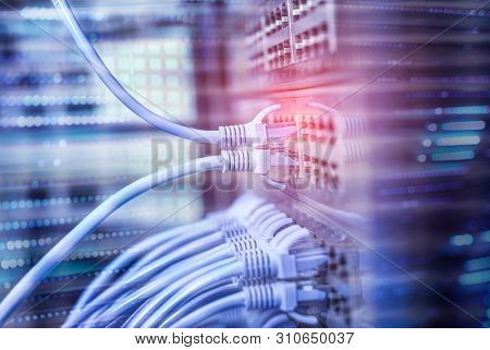 network cable connecting on network core switch close up