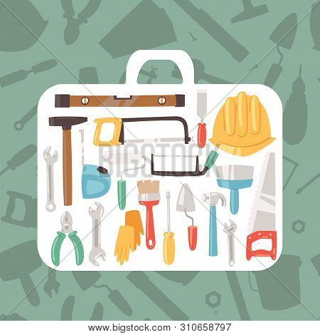 Building Tools In Case Banner Vector Illustration. Home Repair Service. Construction Equipment. Hand