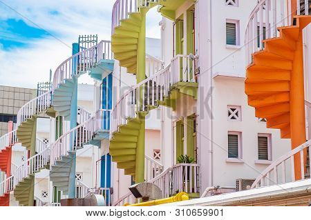 Colorful Spiral Stairs Of Singapore Apartment, Landmark And Popular For Tourist Attractions In Bugis