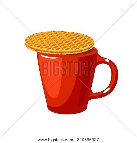 Stroopwafel And Cup Of Hot Beverage. Vector Illustration Cartoon Flat Icon Isolated On White.