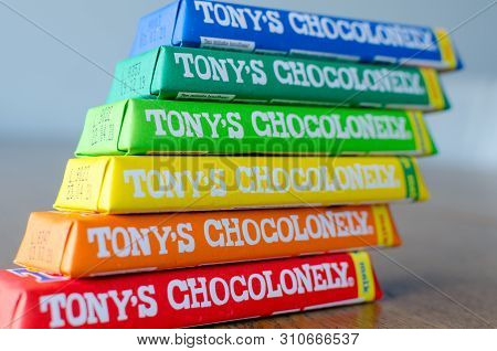 Amsterdam, Netherlands - May 04 2019: Tonys Chocolonely Milk Chocolate. Fair Trade Chocolate Made By