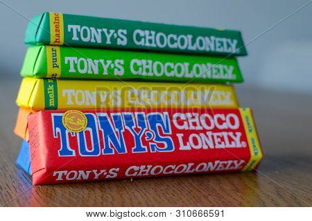 Amsterdam, Netherlands - May 04 2019: Tonys Chocolonely Milk Chocolate. Fair Trade Chocolate Made By